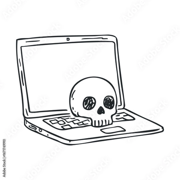 Fototapeta Laptop with a skull symbolizing digital demise and technology issues. Halloween vector illustration