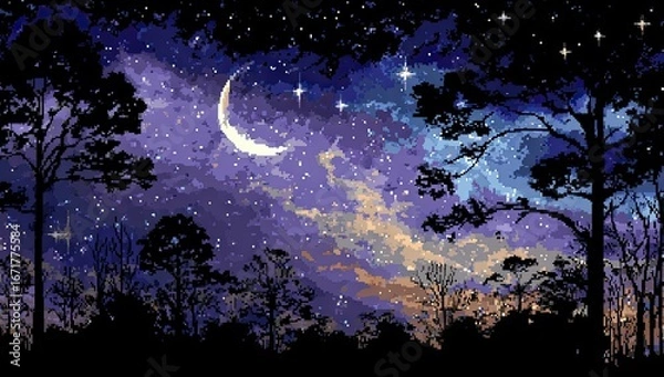 Fototapeta Silhouettes of trees under a night sky with a crescent moon.