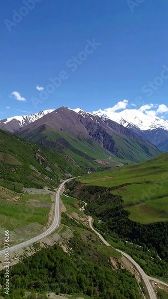 Fototapeta A winding road snakes through a lush valley nestled amongst towering snow-capped mountains under a vibrant blue sky.
