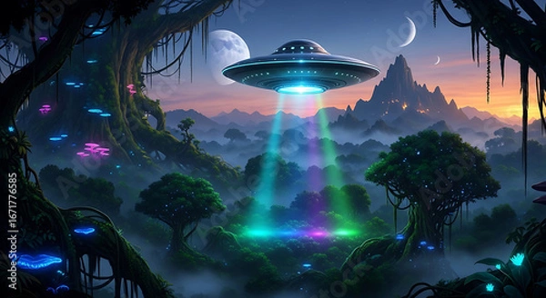 Fototapeta Otherworldly UFO Beaming Over Mystical Bioluminescent Alien Forest at Dusk.