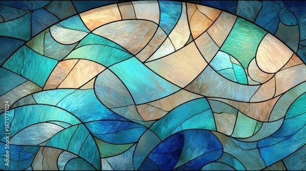 Fototapeta Abstract stained glass artistry depicting waves. Blues, greens, and tan coalesce in a sea of color, separated by dark lines in a lovely pattern.
