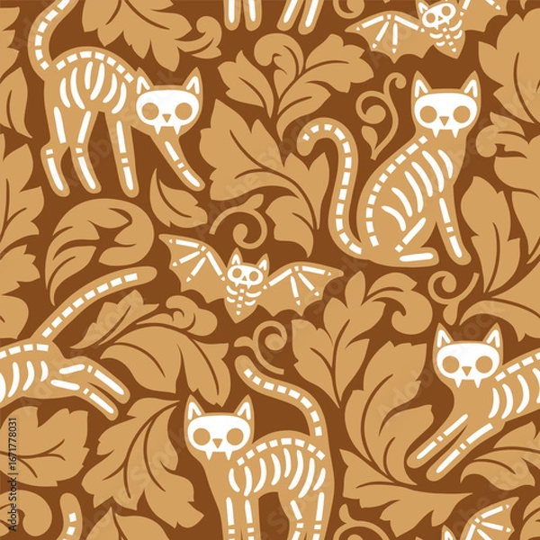 Fototapeta Seamless vector pattern with Halloween black cat skeletons. Hand drawn spooky cat damask. EPS 10 vector file. Perfect for textile, wallpaper or print design.