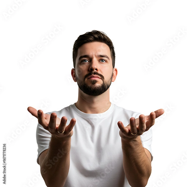 Fototapeta Man with outstretched palms facing upward transparent PNG, balancing gesture as if holding product, blank space placeholder for product mockup