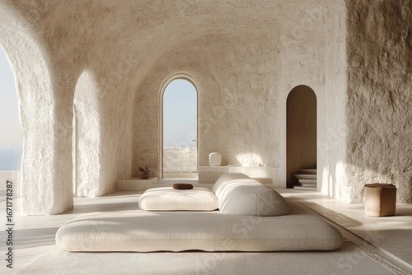 Fototapeta Minimalist loft interior design of modern living room, home. Elegant sofa against arched window, Generative AI