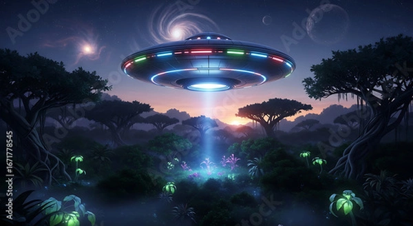 Fototapeta Illuminated UFO Hovering Above Alien Landscape at Dusk, Galactic Encounter Scene.