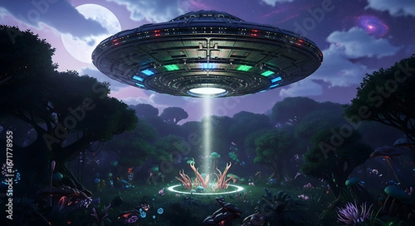 Fototapeta Ethereal UFO Abduction Beam Illuminates Mysterious Forest Clearing with Silhouetted Figures.