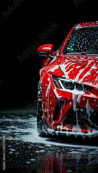 Fototapeta Red modern car in foam on a car wash on a black background with copy space.