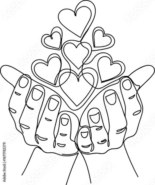 Fototapeta One Line Drawing of Hands Holding Hearts – Symbol of Love and Care