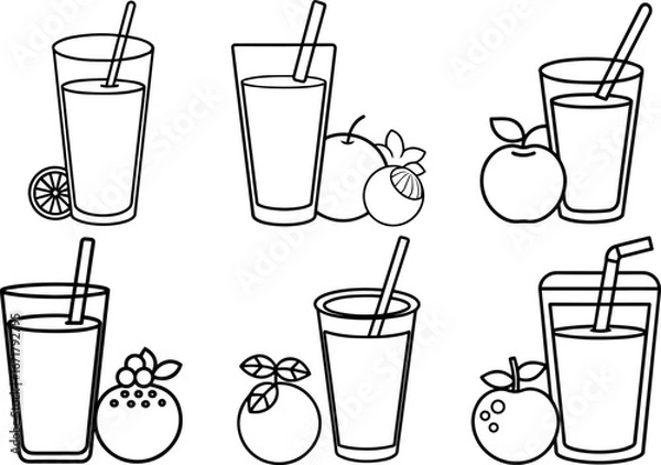 Obraz Set of fruit juice outline vector illustration line art