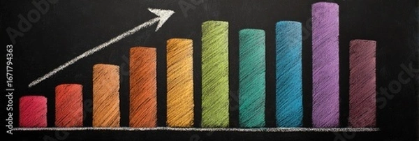 Fototapeta Colorful chalk drawn bar graph on a chalkboard indicating an upward trend