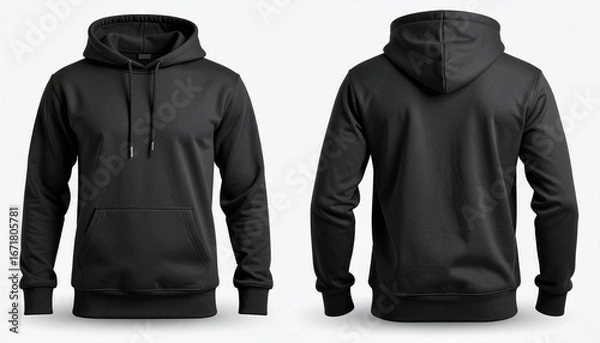 Fototapeta Blank black hoodie sweatshirt mockup for design presentation. Front and back view of isolated hooded sweater template on white background
