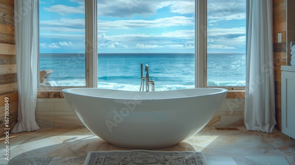 Fototapeta Luxurious bathtub with breathtaking ocean views, the perfect retreat for relaxation and tranquility during your coastal getaway. 