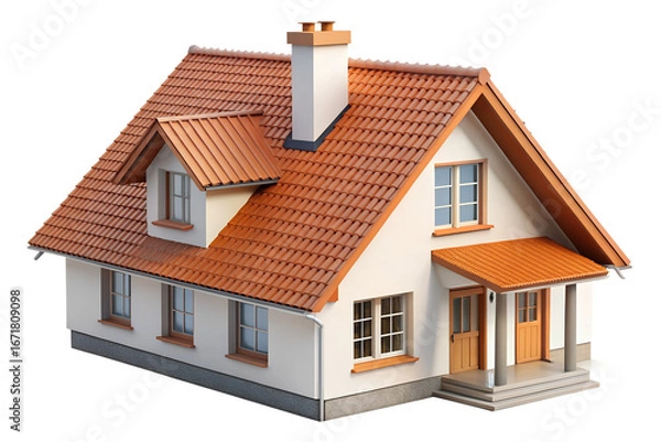 Fototapeta A charming twostory house with a red tile roof and white facade, isolated on transparent background, showcasing modern residential architecture