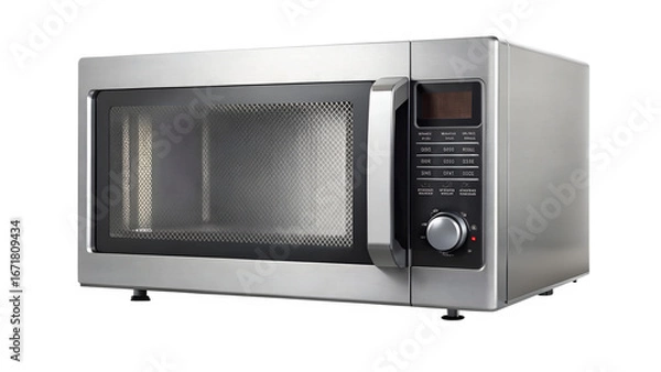 Fototapeta Sleek silver microwave oven isolated on transparent background, a modern kitchen appliance for quick and efficient cooking