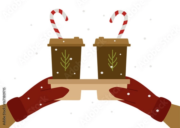 Fototapeta He holds coffee in paper cups in his hands. Close-up. Decorated with a lollipop stick. Vector winter illustration.