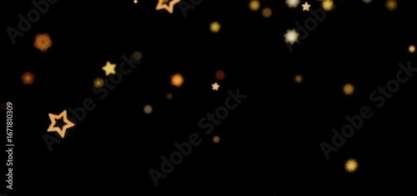 Fototapeta Abstract background with glowing gold stars and bokeh on black. Perfect for holidays.