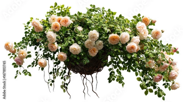 Fototapeta Rose bush in a hanging pot with cascading branches background isolated on a Transparent background, PNG file.