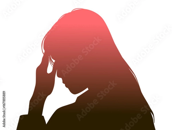 Fototapeta おでこに手を当てて悩む女性の左向き横顔シルエット_赤グラデーション