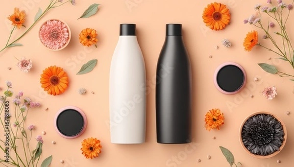 Fototapeta Two empty bottles, surrounded by flowers, on a peach background.