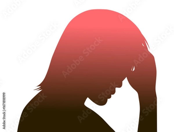 Fototapeta おでこに手を当てて悩む男性の右向き横顔シルエット_赤グラデーション