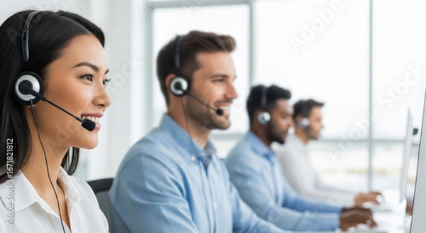 Fototapeta Customer Support Team Working in Modern Call Center Office with Headsets
