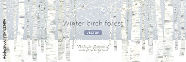 Fototapeta 雪降るシラカバの森の背景。水彩イラスト。（ベクター。レイアウト変更可能）