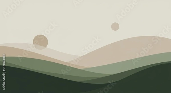 Fototapeta Minimalist landscape featuring layered hills in earth tones and green, with two tan circles against a light background.