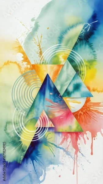 Fototapeta Bright Abstract Watercolor Background with Geometric Shapes and Paint Splashes