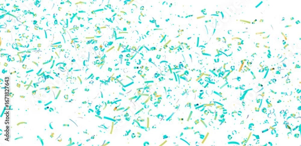 Fototapeta Bright teal and gold confetti falling on white. Perfect for party invitations, celebrations, and festive designs.