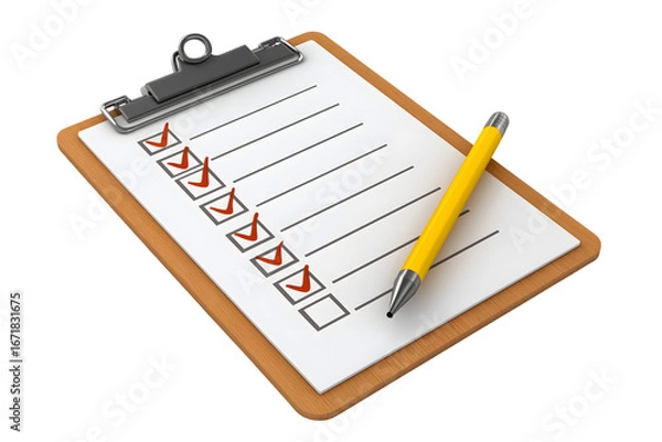 Fototapeta checklist on  clipboard with  pen, emphasizing task completion isolated on white background