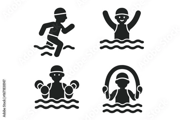 Fototapeta Water aerobics icon set. Aquatic fitness, aqua jogging, hydrotherapy exercises. Man in swimming pool with dumbbells and noodle. Healthy low-impact workout vector symbols.