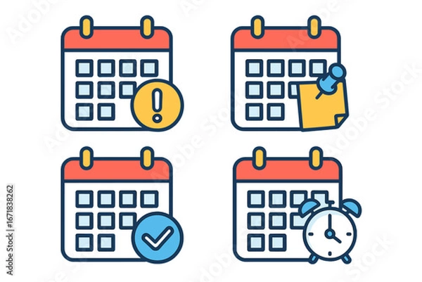 Fototapeta Calendar icon set for business planning and time management. Reminder, event schedule, appointment deadline, and notification alert vector icons. Organizer for agenda plans.