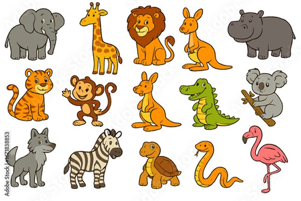 Fototapeta Cute cartoon zoo animals set. Big collection of funny wildlife characters. Jungle and safari animals like lion, tiger, elephant, giraffe, monkey, zebra for kids design. Vector illustration.