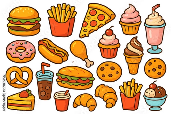 Fototapeta Fast food & dessert vector icon set. Cartoon collection of junk food: burger, pizza, fries, hot dog, donut, soda, ice cream. Cute illustration for menu, sticker, pattern.