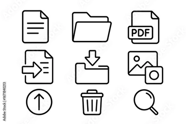 Fototapeta File management vector line icon set. Document, folder, PDF, media file symbols. UI UX graphic elements for web and app design. Download, upload, search, and delete icons.