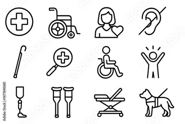 Obraz Healthcare & accessibility line icon set. Disability, adaptive aids, support, therapy outline icons. Vector wheelchair, crutches, prosthetic leg, guide dog, deaf symbol.