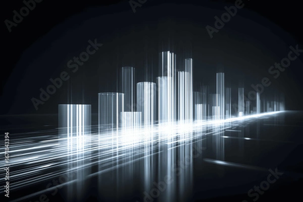 Fototapeta Abstract city skyline with futuristic, light-based architecture, glowing against dark background