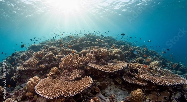 Fototapeta 輝く太陽光線 海底サンゴ礁 美しい群生 鮮やか色彩. AI Generated