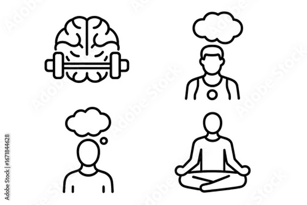 Fototapeta Sports psychology and mindfulness outline icon set. Mental health, brain training, and athlete mindset concept. Vector icons of brain with dumbbell, meditating person, and yoga.