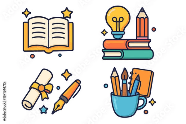 Obraz Education and knowledge icon set. Reading, writing, creativity concepts. School supplies, book, lightbulb idea, diploma, pencil, pen. Vector cartoon illustration collection.