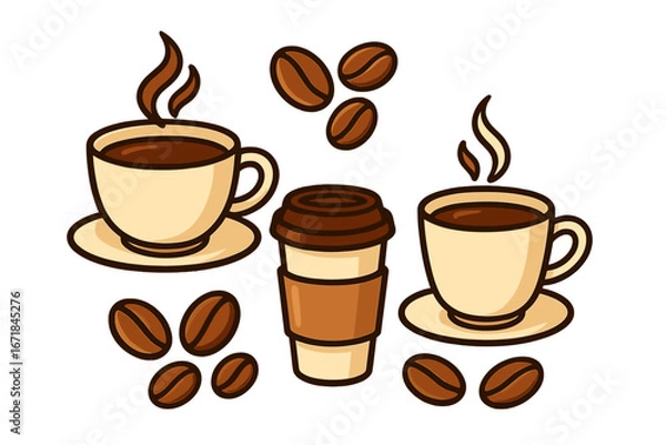 Fototapeta Set of coffee cups and beans vector illustration. Hot coffee drink, espresso, cappuccino for cafe menu design. Morning beverage icons for advertising, branding. Isolated cartoon clip art.