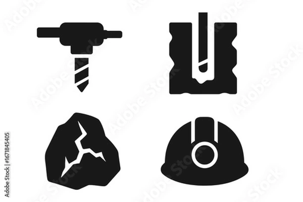 Fototapeta Mining icons set. Solid glyph vector collection for heavy industry. Includes geological drilling, core drill, borehole, rock sample, ore, safety helmet, and jackhammer symbols.