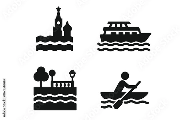 Fototapeta Moscow River Icons Solid Filled Vector Set of 4, Moscow River Scenery with Iconic Architecture, Tour Boat, River Embankment, Bridge Arch, Rowing Person, Water Activity Illustrations