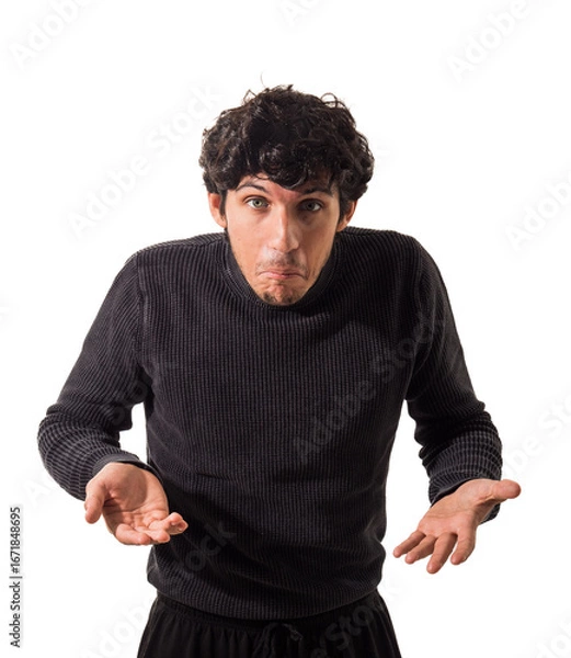 Fototapeta Man expressing confusion with a puzzled expression in a studio setting