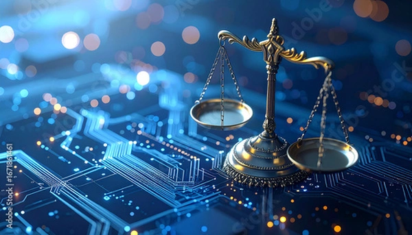 Fototapeta Weighing Digital Justice: The scales of justice stand against a backdrop of a complex circuit board, symbolizing the intersection of law and technology.