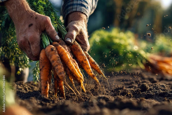 Fototapeta Close-up of farmers hands pulling ripe carrots from the ground.