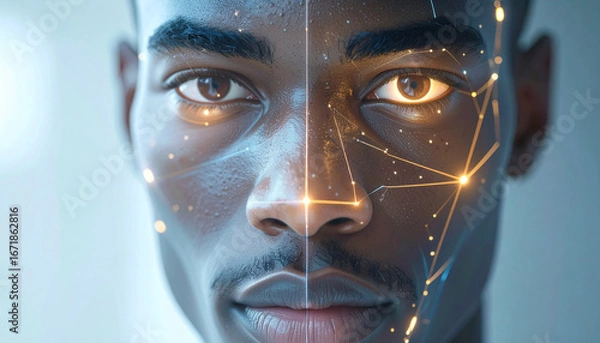 Fototapeta Digital Frontier: A captivating image reveals the fusion of humanity and technology, a face split into two distinct halves: one natural, the other interwoven with glowing digital connections.