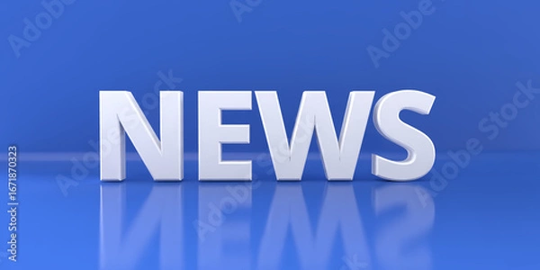 Fototapeta The write NEWS with white 3D letters standing on a glossy floor of a room, leaning at its blue wall - 3D rendering illustration