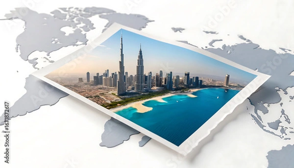 Fototapeta Dubai's Iconic Skyline on a World Map A Journey Through Architecture and Travel