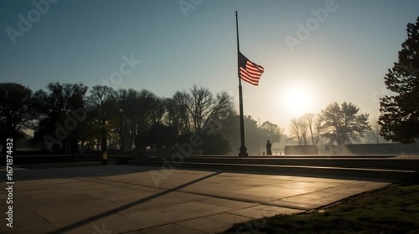 Fototapeta American flag flying at half mast against a bright sunrise with sunbeams and light fog creating a patriotic and solemn atmosphere outdoors